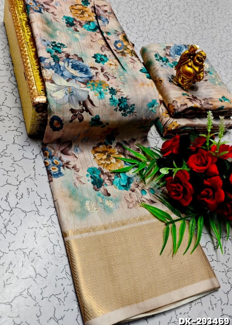 Elegant Floral Dola Silk Saree with Zari Border - BEIGE COLOUR (1)