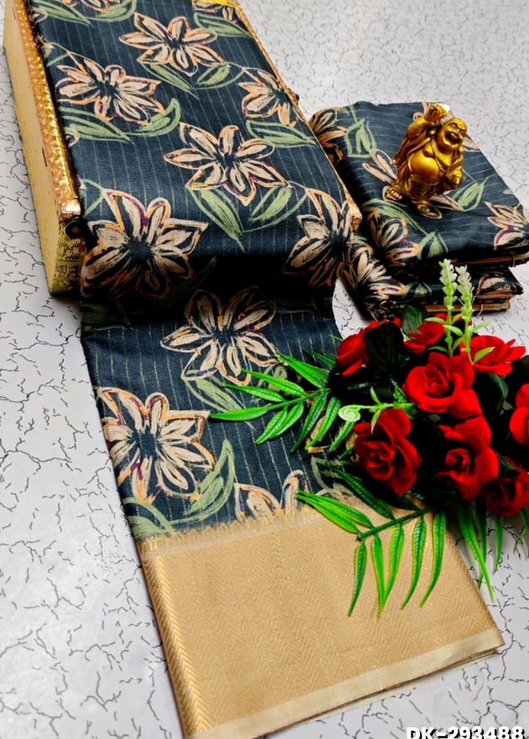 Elegant Floral Dola Silk Saree with Zari Border - PEACKOK BLUE (1)