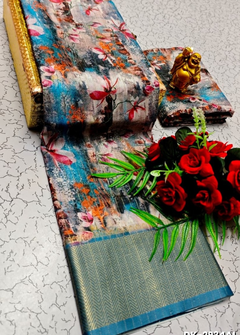 Elegant Floral Dola Silk Saree with Zari Border - MULTI COLOR