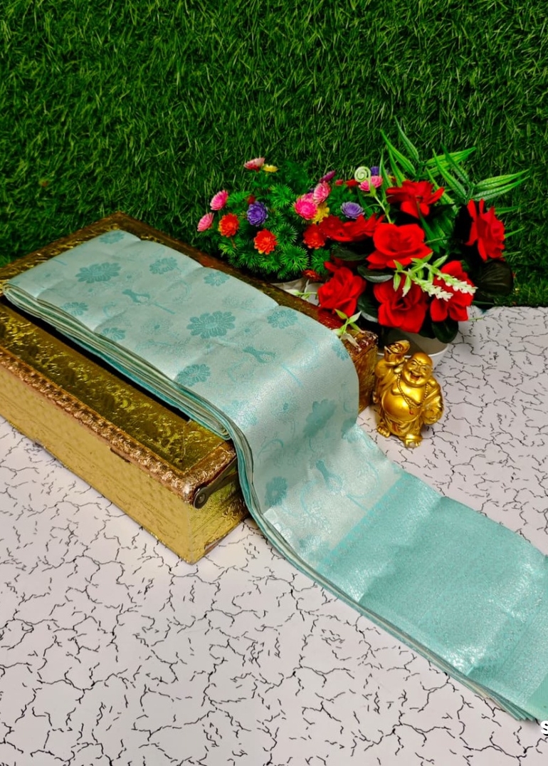 Premium kubera pattu saree rapier fancy  light weight silk type sarees function wear - ICE BLUE