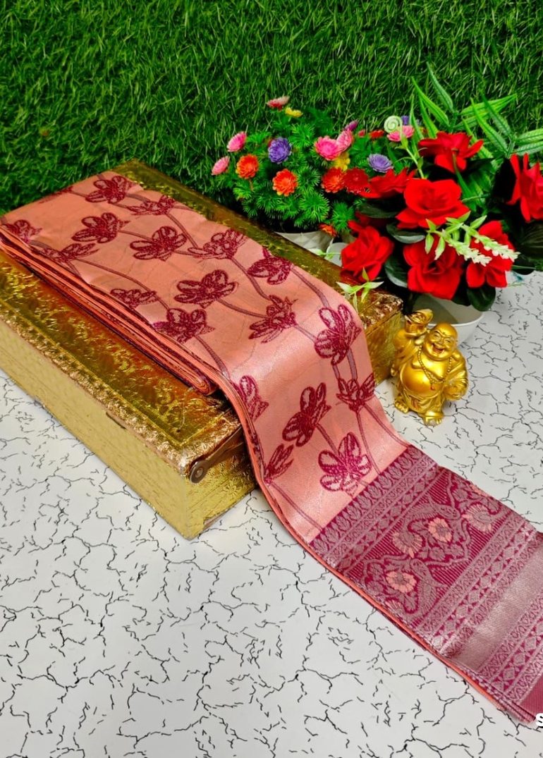 Premium kubera pattu saree rapier fancy  light weight silk type sarees function wear - CORAL COLOUR
