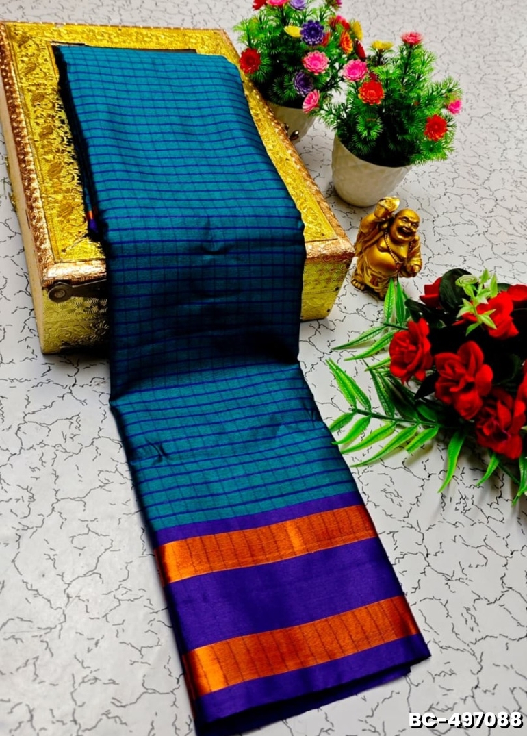 Beauty checked soft silk rich look design soft material function and party wear - PEACKOK BLUE