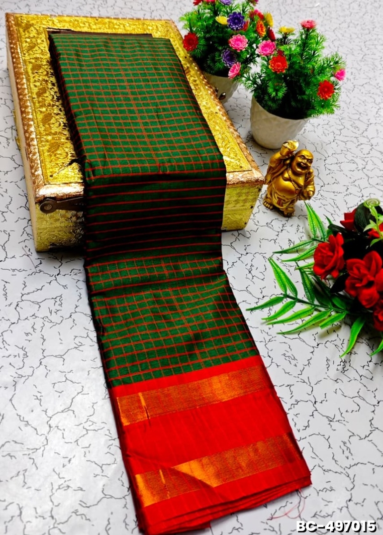 Beauty checked soft silk rich look design soft material function and party wear - GREEN