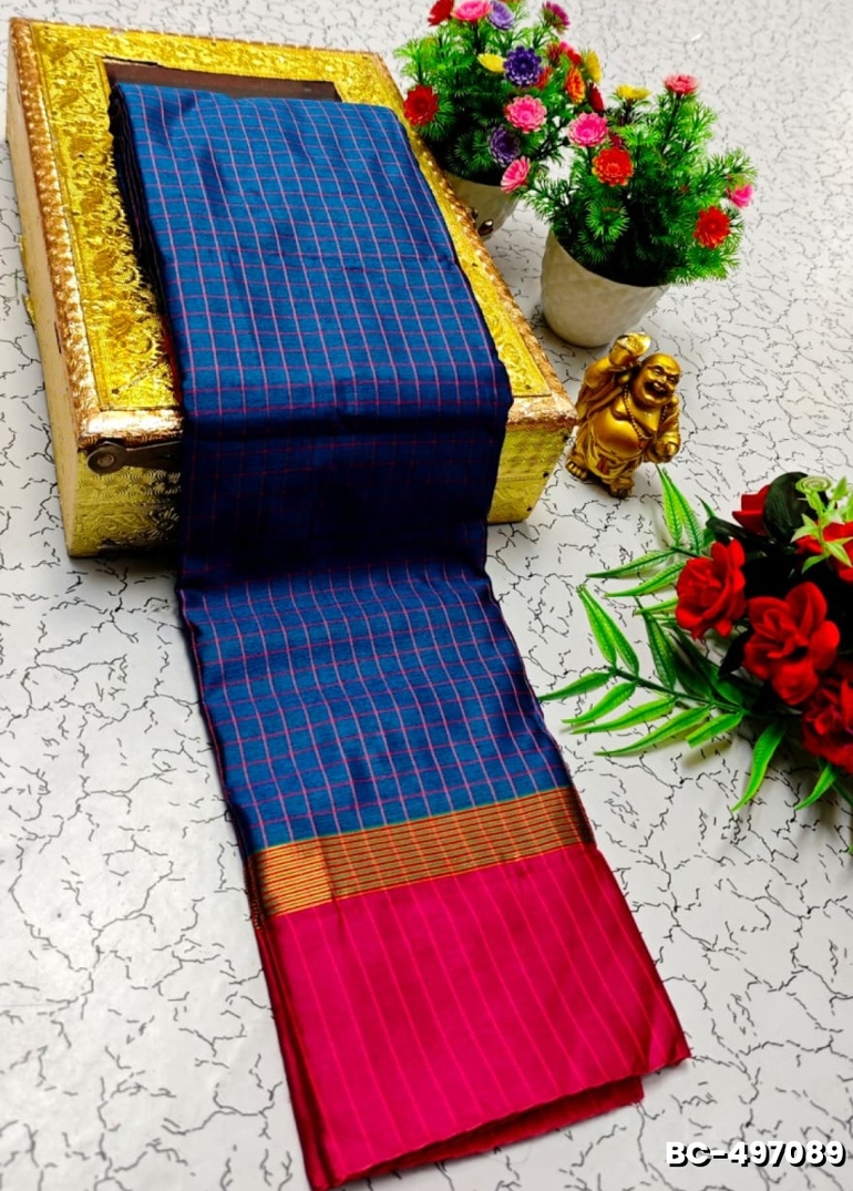 Beauty checked soft silk rich look design soft material function and party wear - BLUE COLOUR