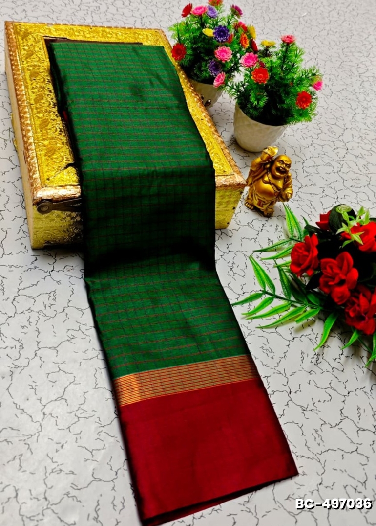 Beauty checked soft silk rich look design soft material function and party wear - BOTTLE GREEN