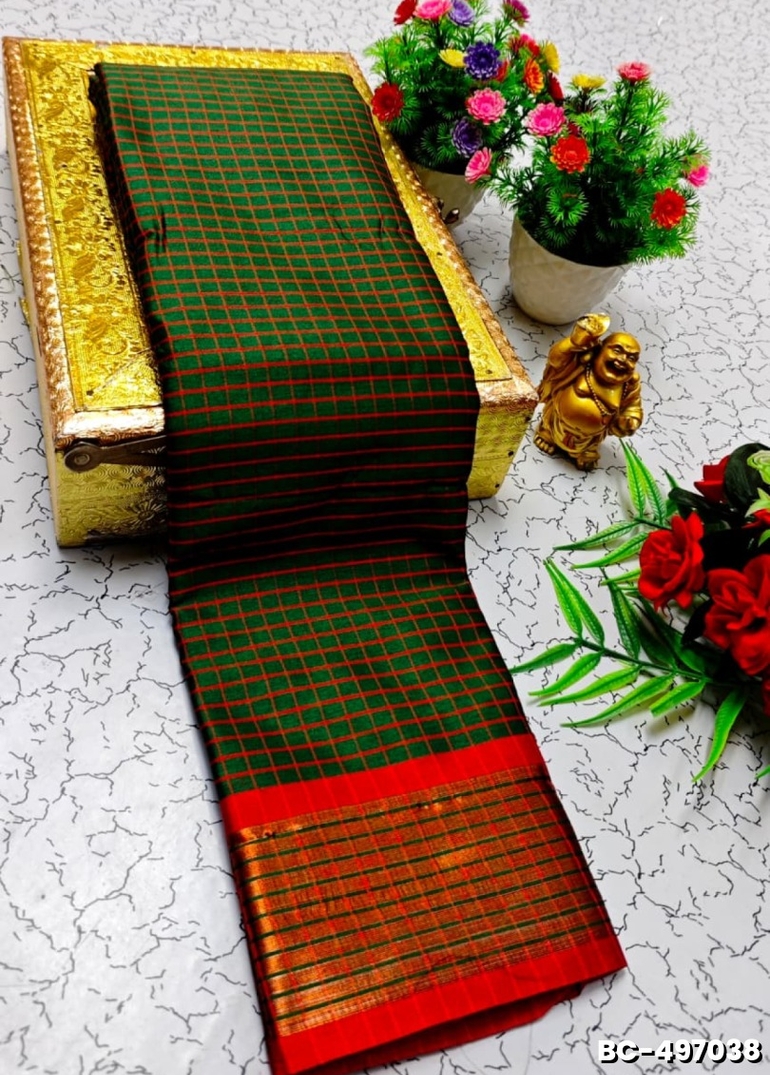 Beauty checked soft silk rich look design soft material function and party wear - DARK GREEN