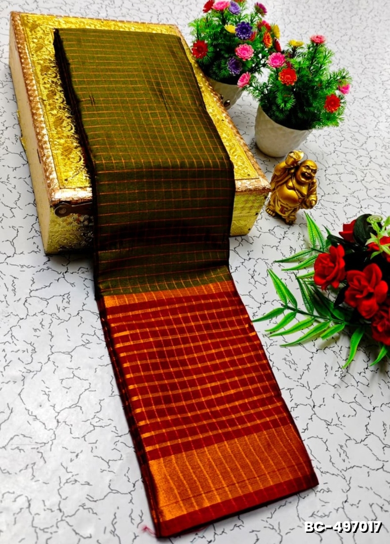 Beauty checked soft silk rich look design soft material function and party wear - OLIVE GREEN