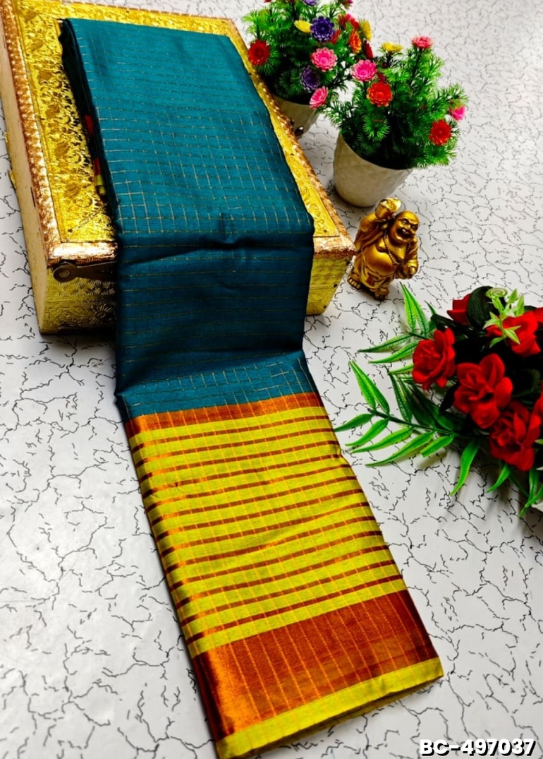 Beauty checked soft silk rich look design soft material function and party wear - LIGHT BLUE