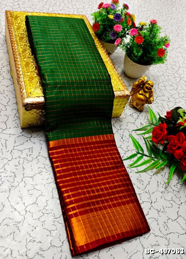 Beauty checked soft silk rich look design soft material function and party wear - GREEN COLOUR