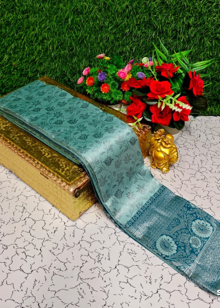 Premium kubera pattu saree rapier fancy  light weight silk type sarees function wear - TEAL (2)