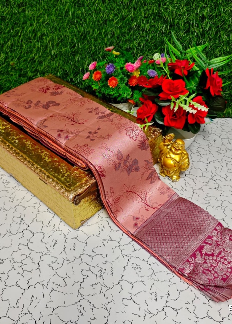 Premium kubera pattu saree rapier fancy  light weight silk type sarees function wear - CORAL COLOUR (2)