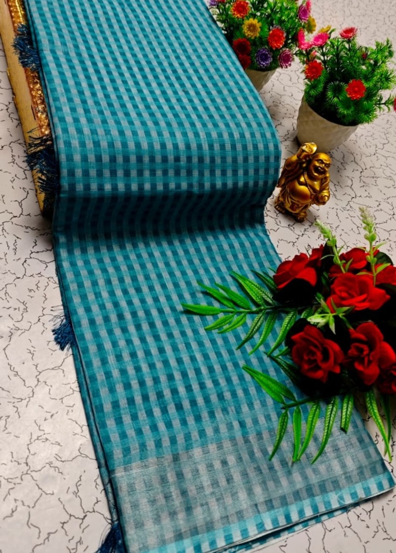 Nayanthara Inspired Checked Sarees with multiple colors - LIGHT SKY BLUE