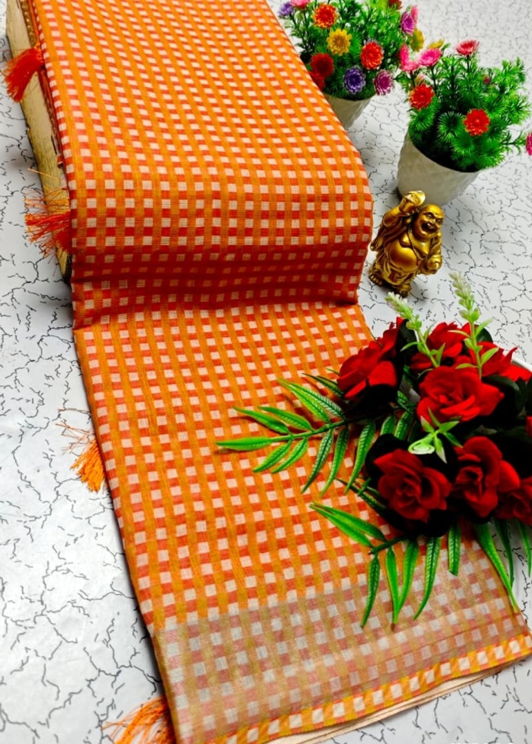 Nayanthara Inspired Checked Sarees with multiple colors - ORANGE N