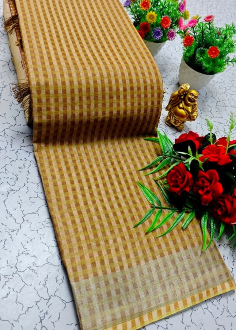 Nayanthara Inspired Checked Sarees with multiple colors - DARK GOLD