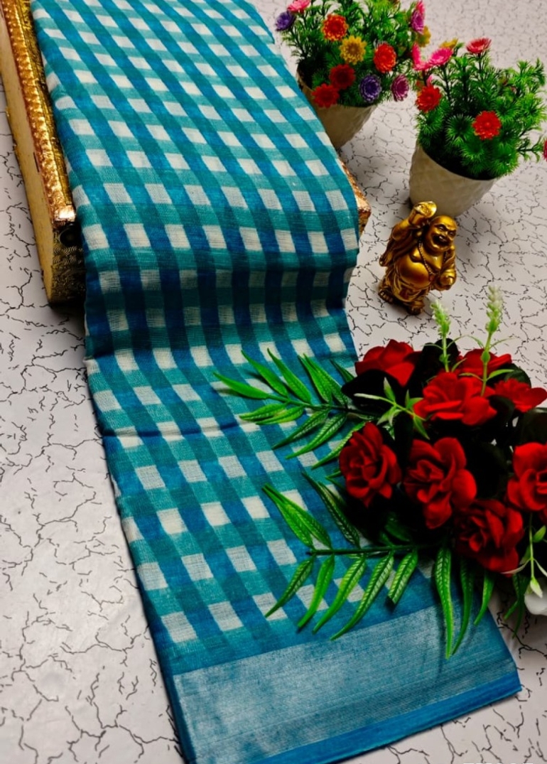 Nayanthara Inspired Checked Sarees with multiple colors - SKY BLUE