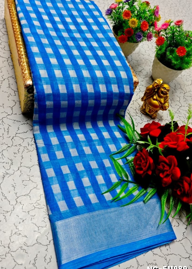 Nayanthara Inspired Checked Sarees with multiple colors - BLUE COLOUR