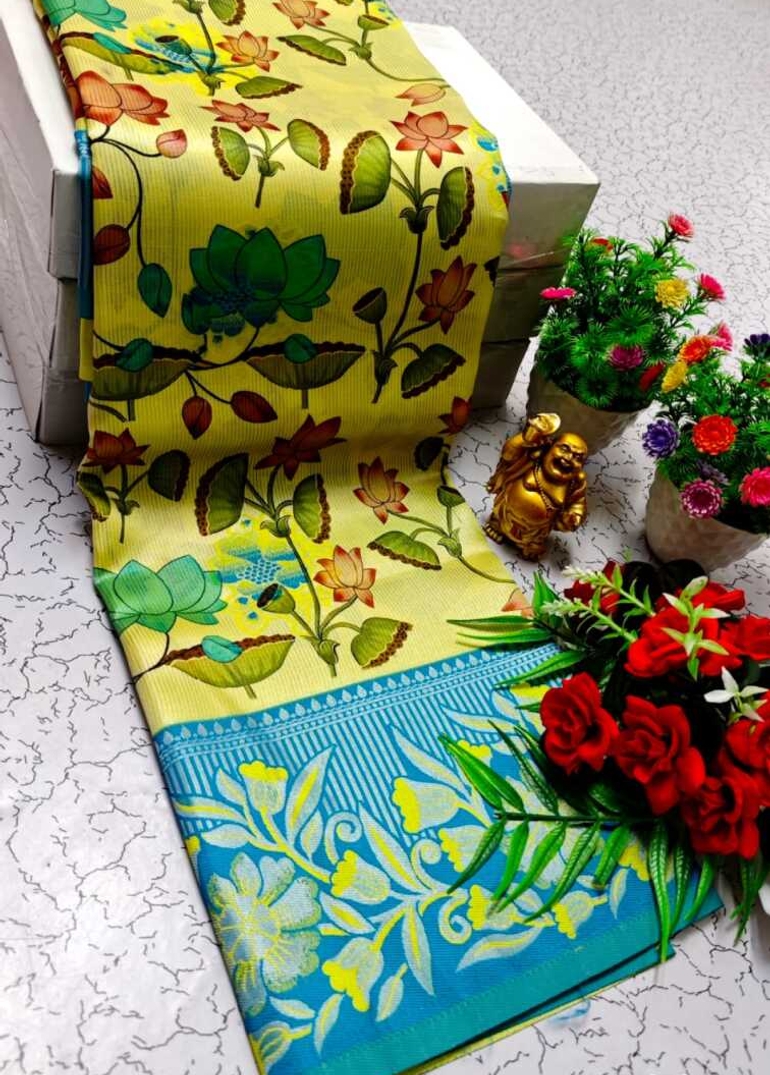 Elegant Kalamkari Tissue Saree for Festivities & Weddings - YELLOW (2)