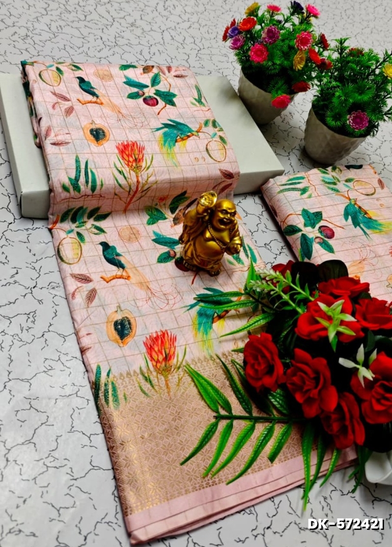 Elegant Floral Dola Silk Saree with Zari Border - BABY PINK (2)