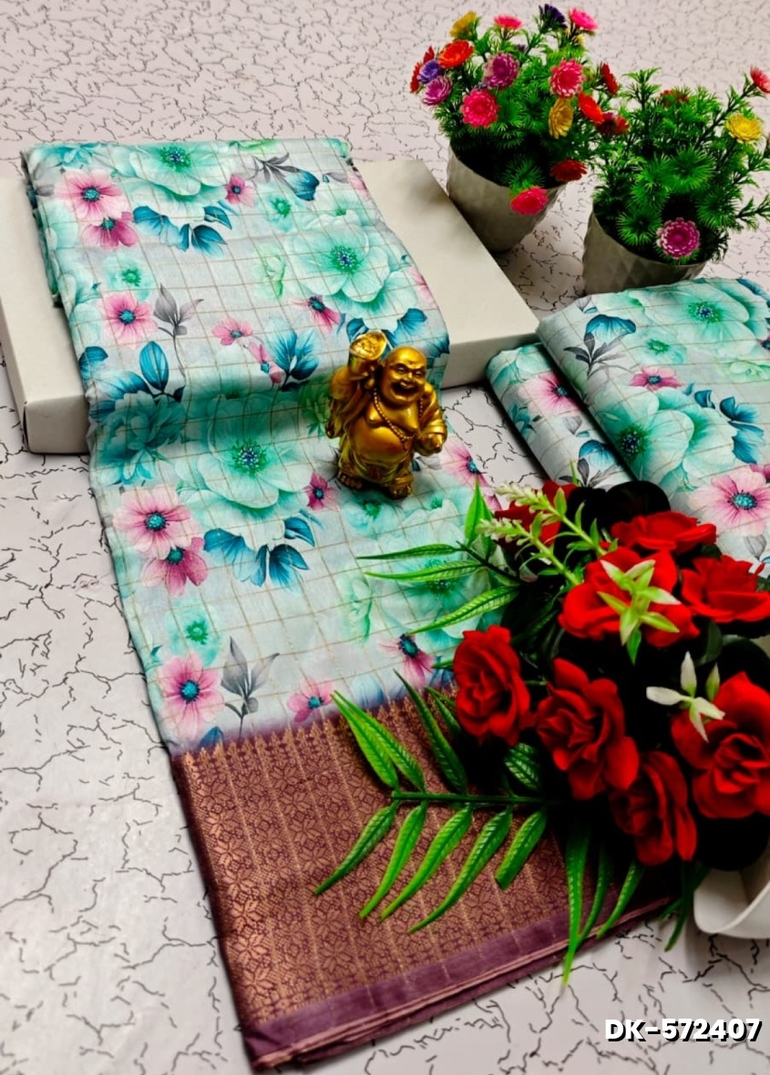 Elegant Floral Dola Silk Saree with Zari Border - TEAL COLOUR (1)