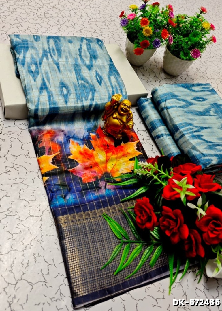 Elegant Floral Dola Silk Saree with Zari Border - BLUE SHADE