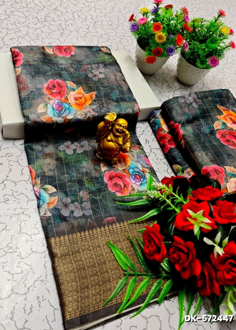 Elegant Floral Dola Silk Saree with Zari Border - GRAY (1)