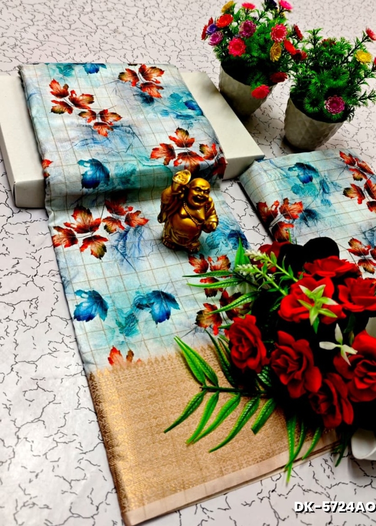 Elegant Floral Dola Silk Saree with Zari Border - ICE BLUE