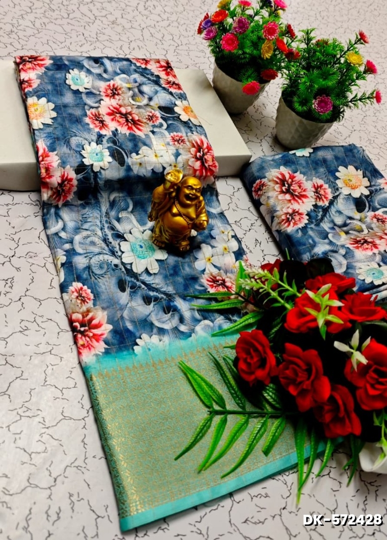 Elegant Floral Dola Silk Saree with Zari Border - BULE