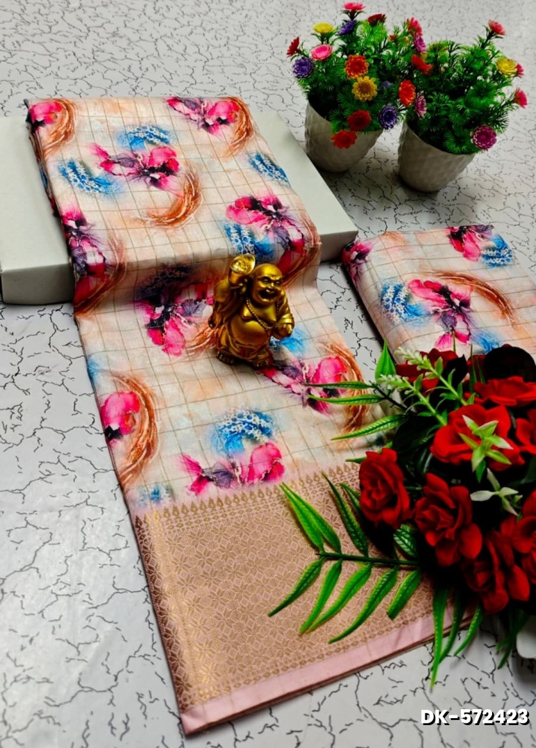 Elegant Floral Dola Silk Saree with Zari Border - LIGHT SANDLE