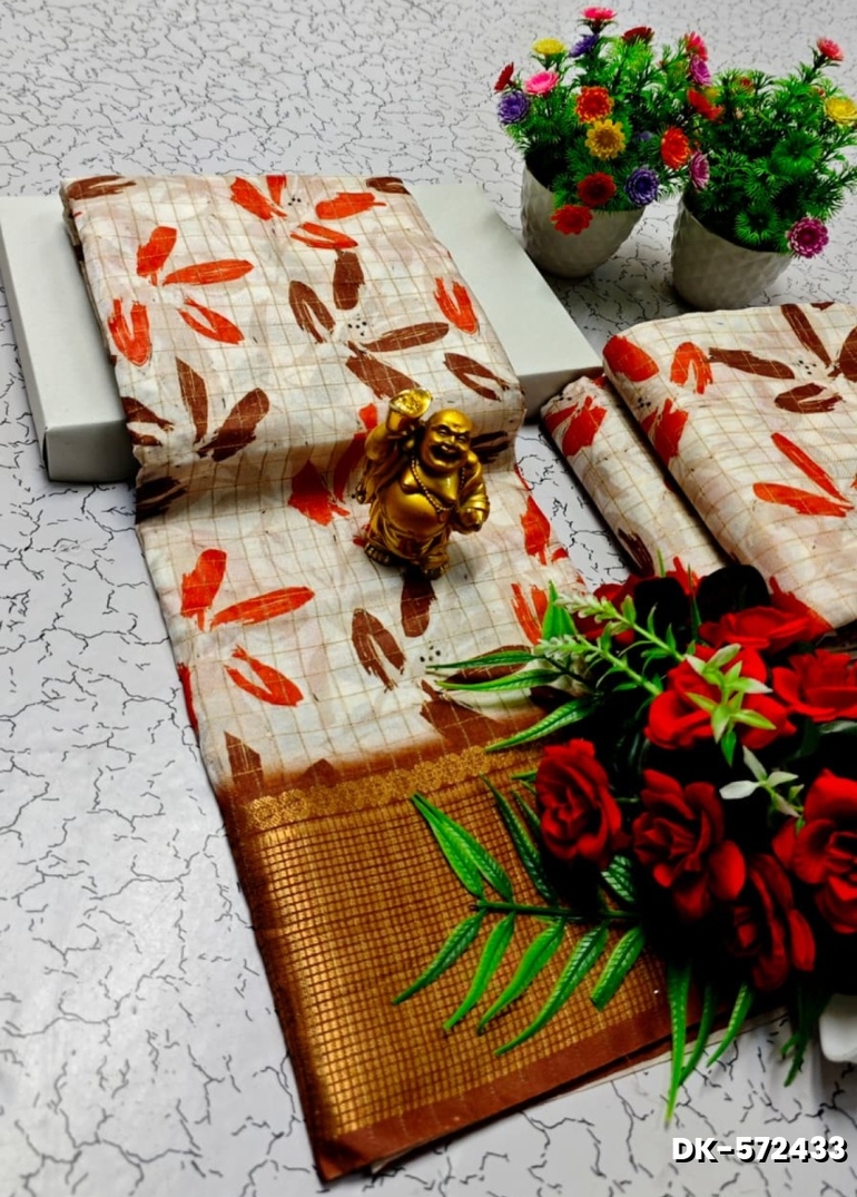 Elegant Floral Dola Silk Saree with Zari Border - CREAM (1)