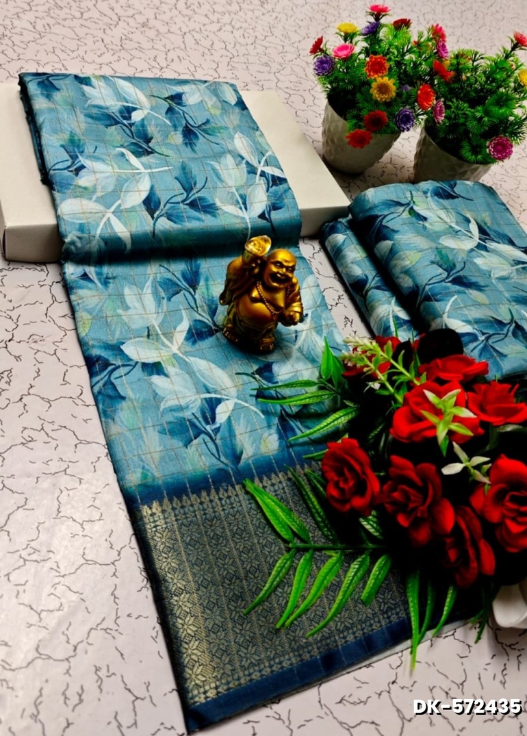 Elegant Floral Dola Silk Saree with Zari Border - DARK SKY BLUE