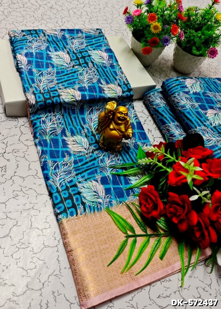 Elegant Floral Dola Silk Saree with Zari Border - LIGHT BLUE