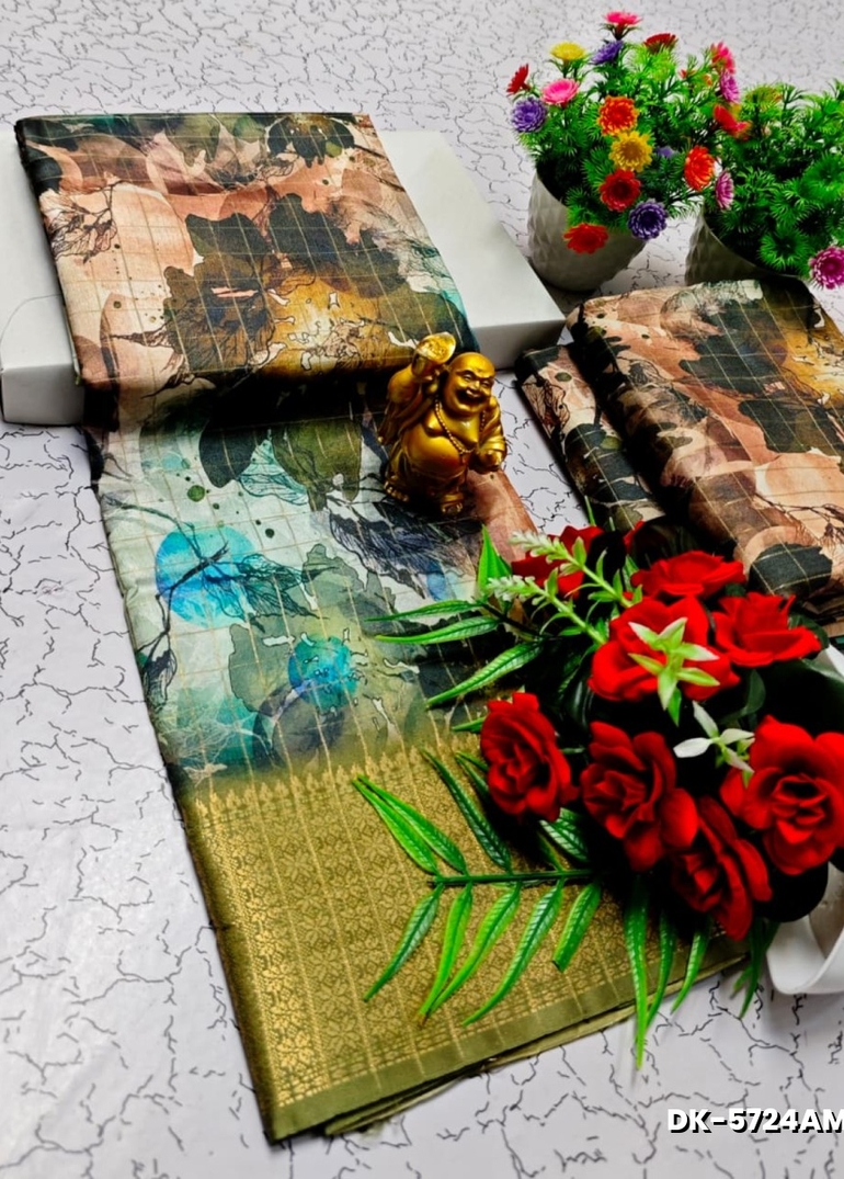 Elegant Floral Dola Silk Saree with Zari Border - LEMON GREEN