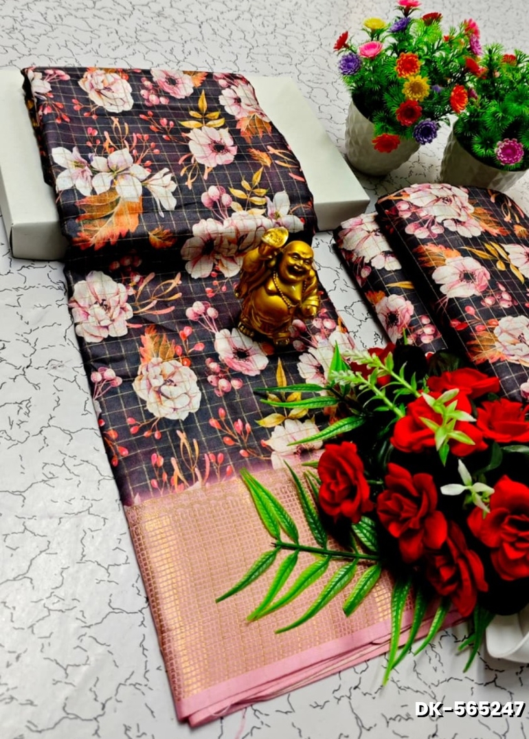 Elegant Floral Dola Silk Saree with Zari Border - GRAY (2)