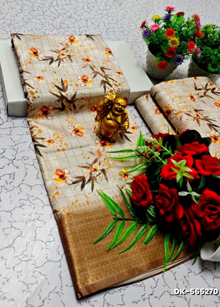 Elegant Floral Dola Silk Saree with Zari Border - IVORY COLOUR