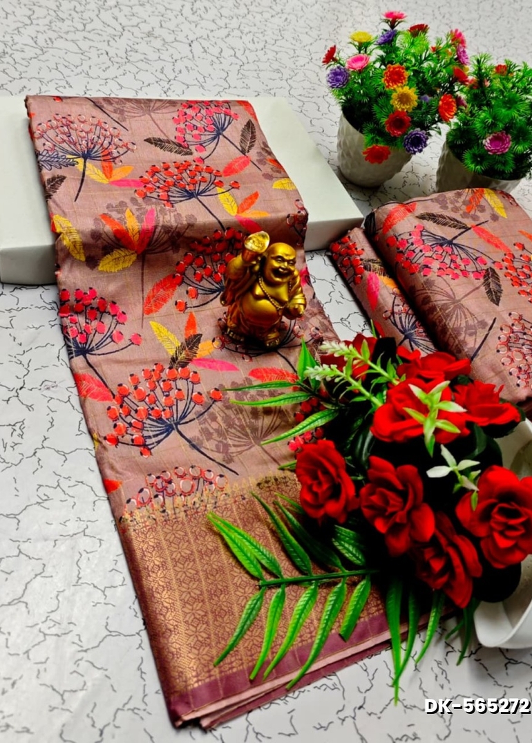 Elegant Floral Dola Silk Saree with Zari Border - CORAL COLOUR