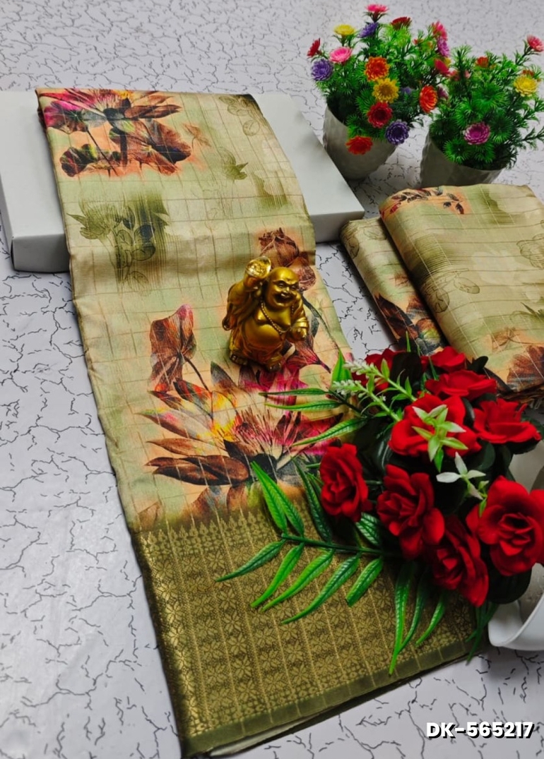 Elegant Floral Dola Silk Saree with Zari Border - OLIVE GREEN