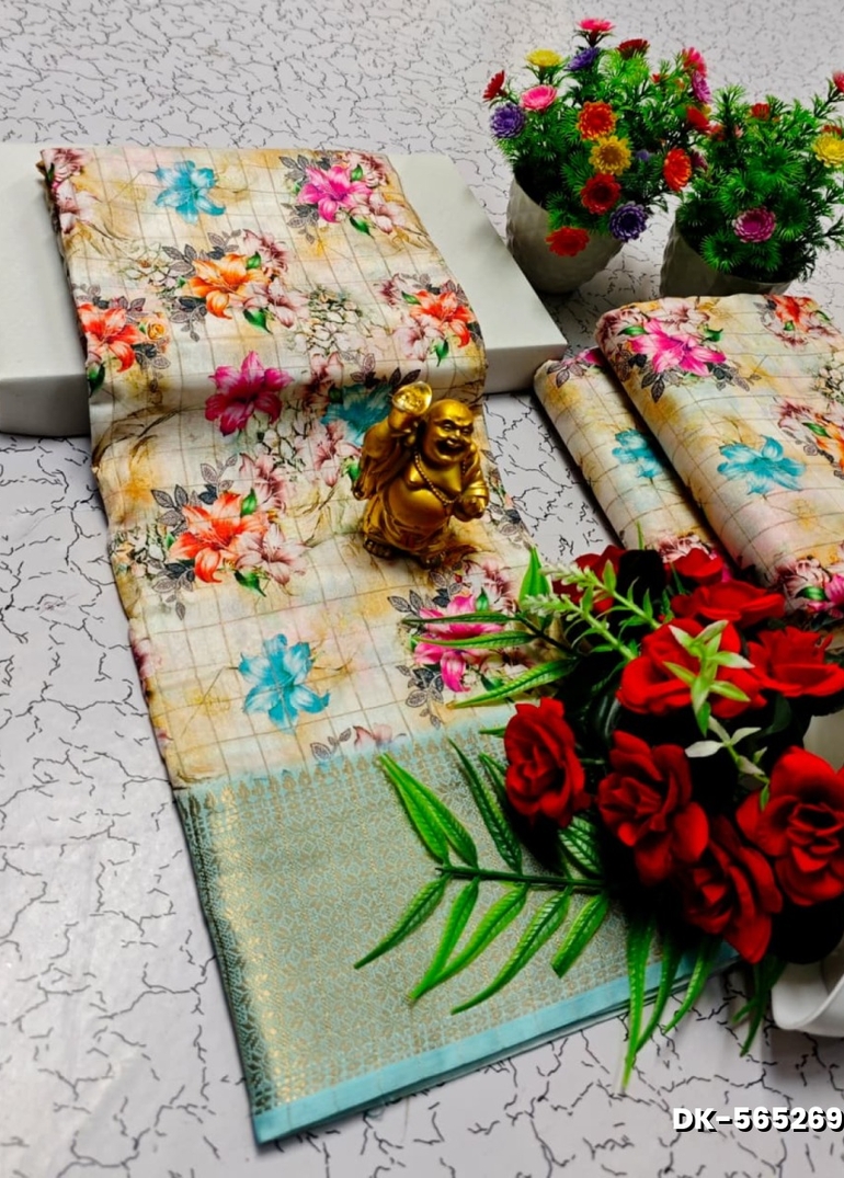 Elegant Floral Dola Silk Saree with Zari Border - BEIGE COLOUR (3)