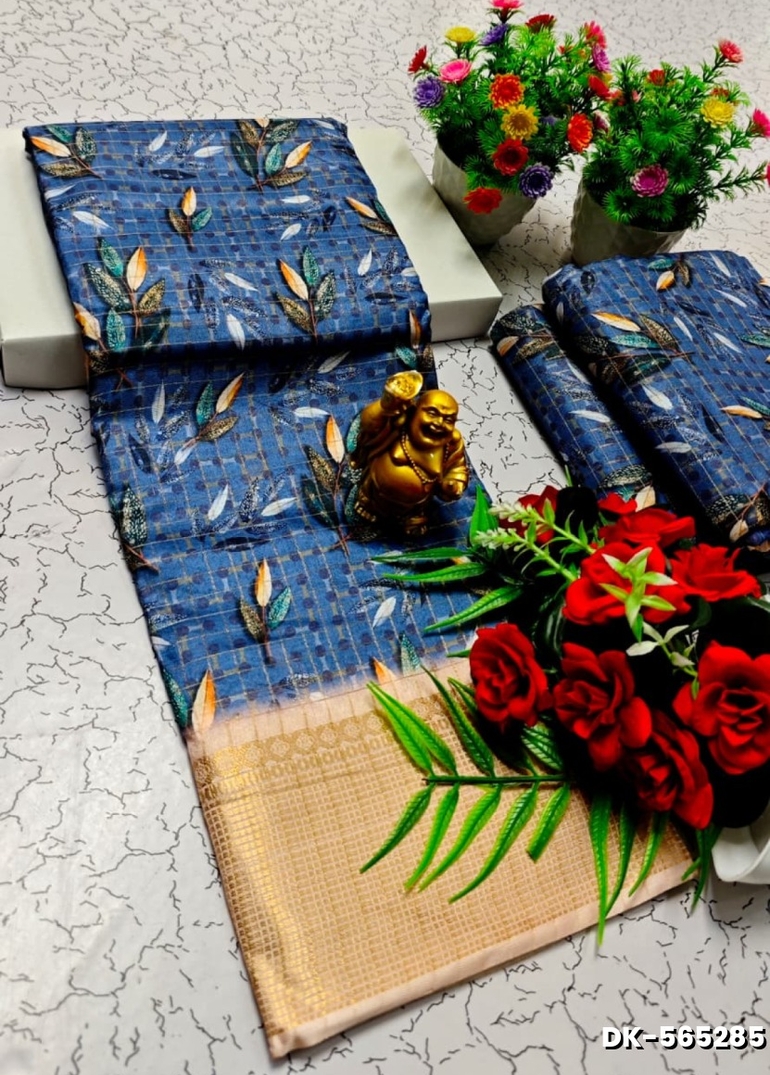 Elegant Floral Dola Silk Saree with Zari Border - BLUE SHADE (1)