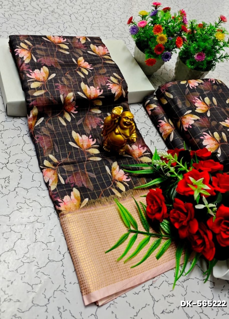Elegant Floral Dola Silk Saree with Zari Border - COFEE BROWN