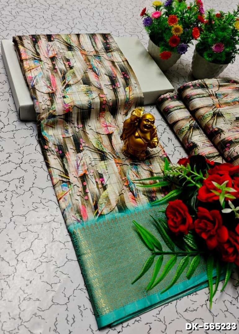 Elegant Floral Dola Silk Saree with Zari Border - CREAM (2)