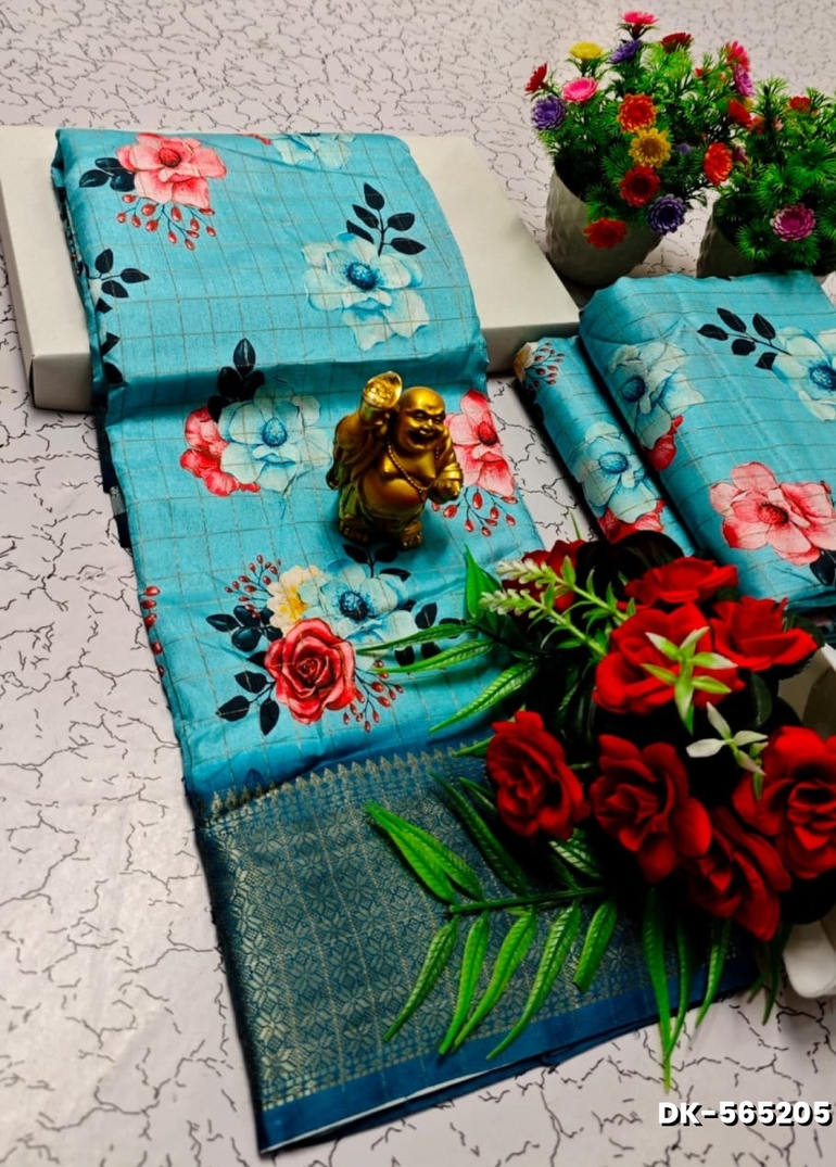 Elegant Floral Dola Silk Saree with Zari Border - SKY BLUE