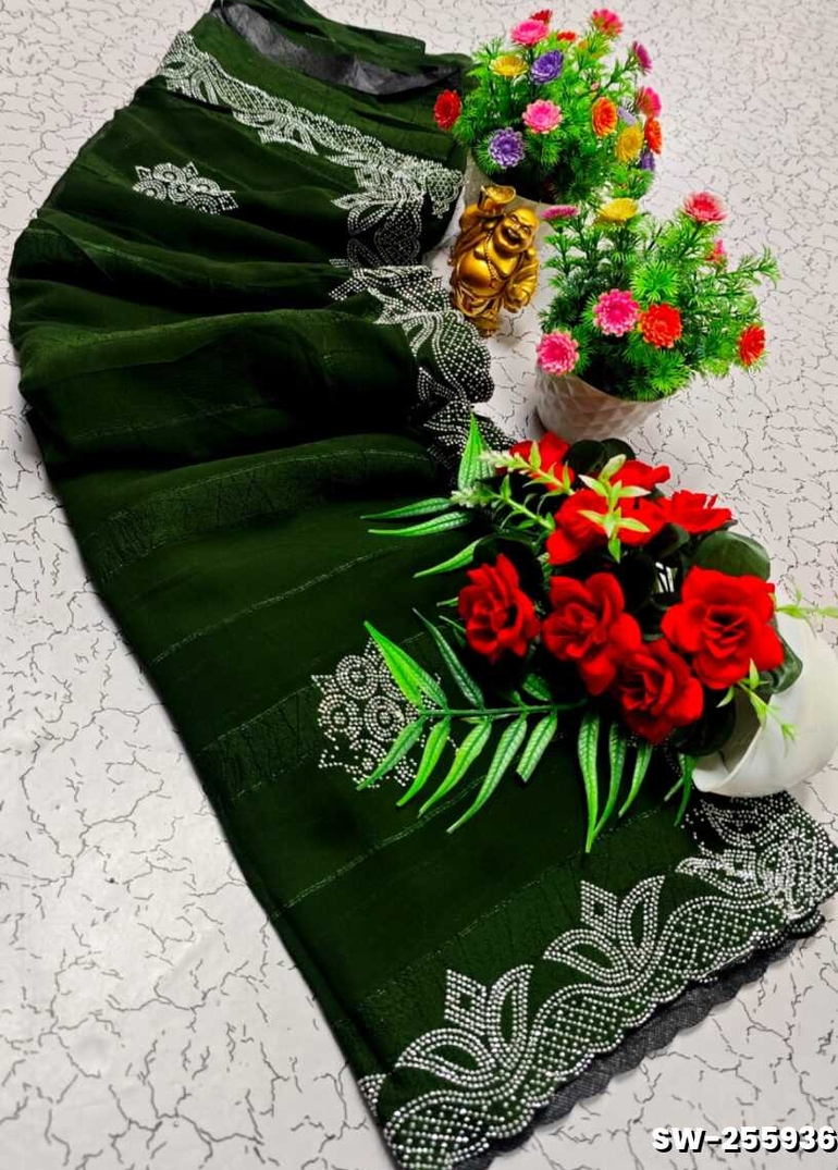 Celestial grace stone work space silk Royal design  modern fancy item saree - BOTTLE GREEN