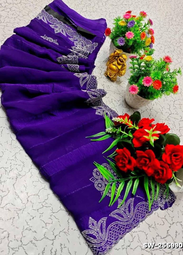 Celestial grace stone work space silk Royal design  modern fancy item saree - BRINJAL COLOUR