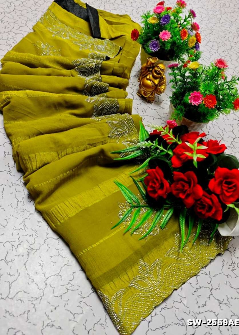 Celestial grace stone work space silk Royal design  modern fancy item saree - LEMON YELLOW N