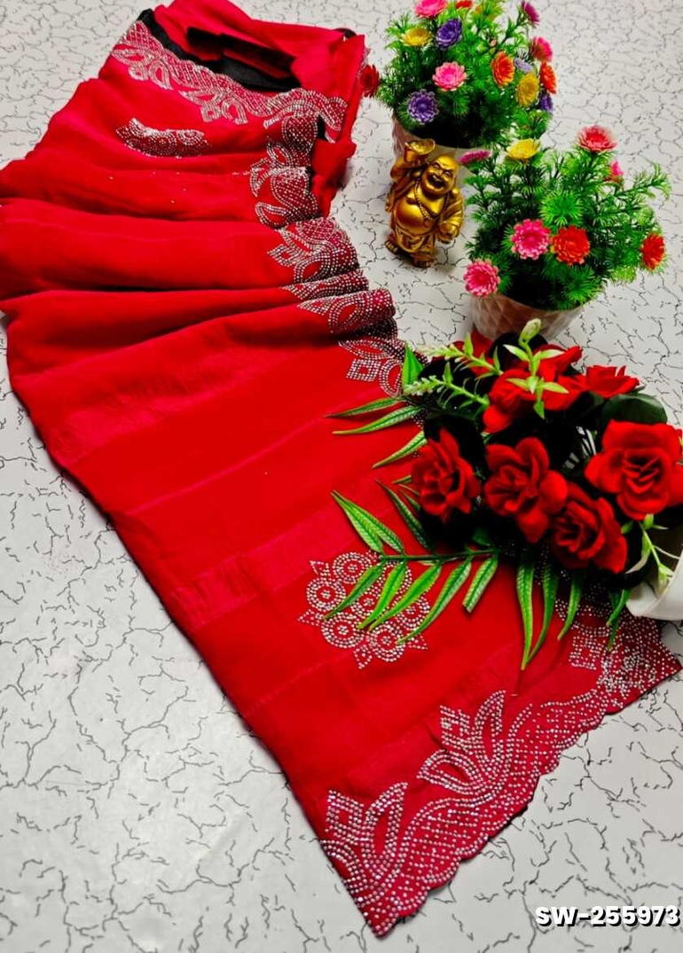 Celestial grace stone work space silk Royal design  modern fancy item saree - RUBY COLOUR