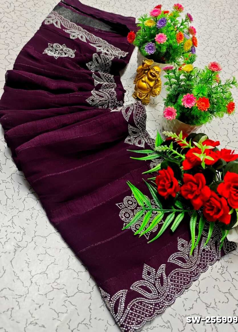 Celestial grace stone work space silk Royal design  modern fancy item saree - PURPLE COLOUR