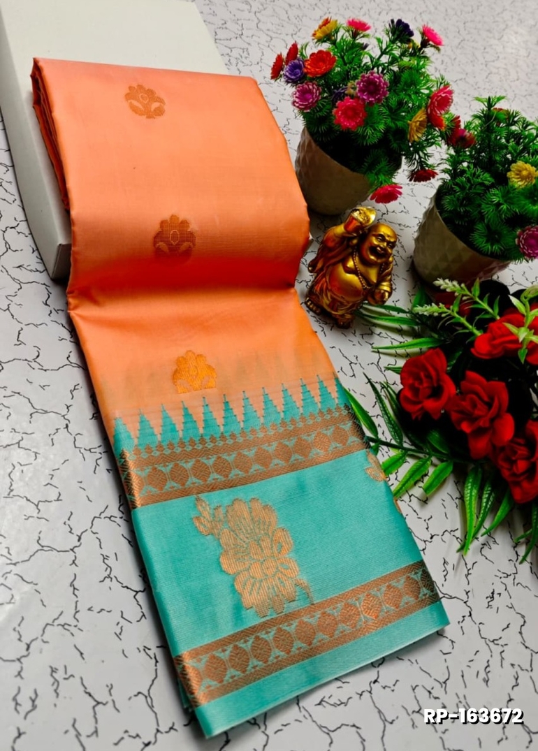 A "Retta Petta" soft silk saree with Rich Pallu and Blouse - CORAL COLOUR