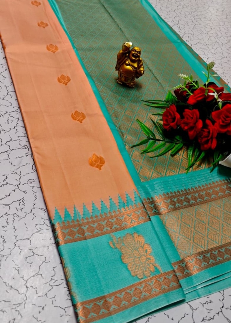 A "Retta Petta" soft silk saree with Rich Pallu and Blouse - CORAL COLOUR