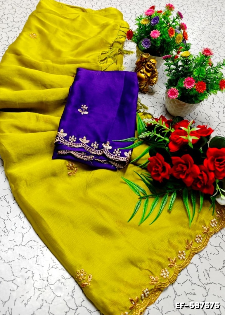 GEORGETTE EMBORIDERY FANCY SAREE FANCY SOFT SILK SAREES WITH BLOUSE   MODERN FANCY ITEM SAREES - LEMON COLOUR