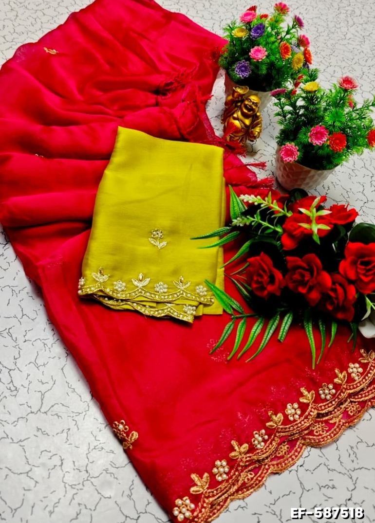 GEORGETTE EMBORIDERY FANCY SAREE FANCY SOFT SILK SAREES WITH BLOUSE   MODERN FANCY ITEM SAREES - PEACH